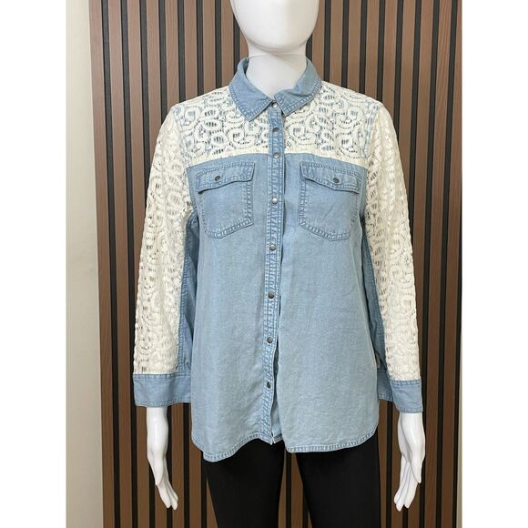 9-H15 STCL Anthropologie Women's 6 Blue Button-Up Chambray Shirt Postmark Boho - Picture 1 of 10
